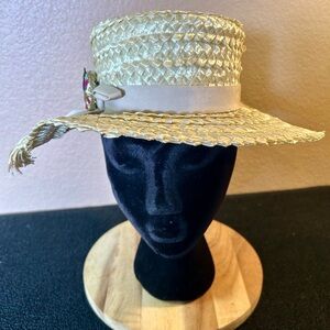VTG Valerie Modes Women's Straw Ivory Hat, Beige Ribbon w/Colorful Hat Embellish